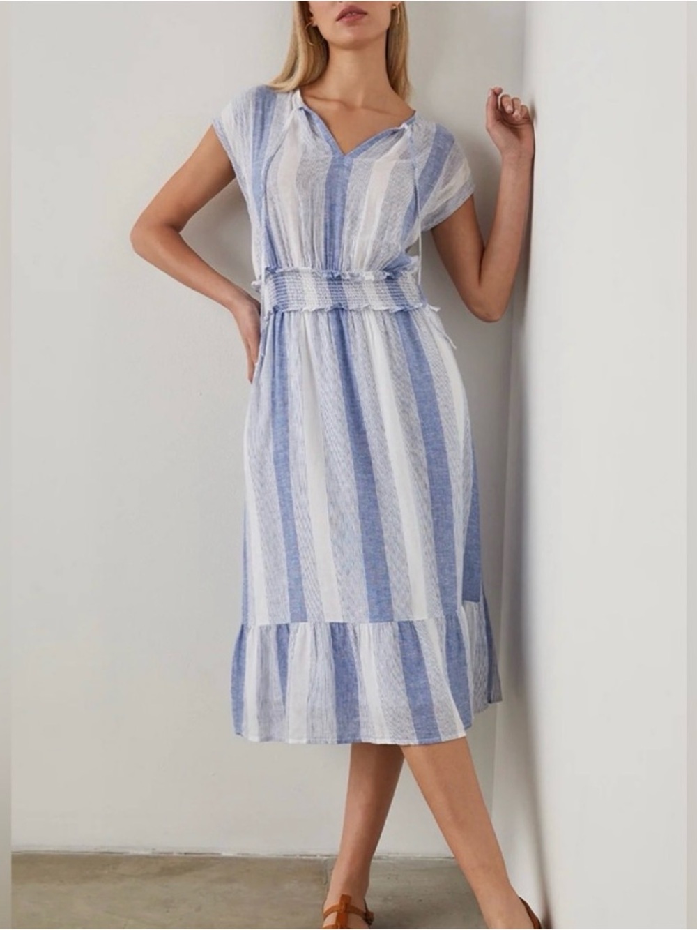 Rails Blue and White Striped Midi Dress with Smocked Waist